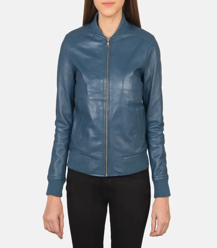 women 27s bliss blue leather bomber jacket