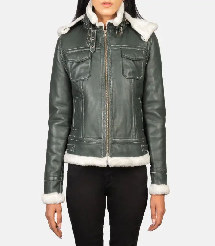 women 27s fiona green hooded shearling leather jacket close