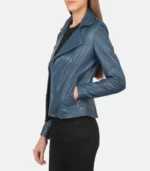 women 27s flashback blue leather biker jacket close
