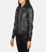 women 27s roslyn black hooded leather bomber jacket close