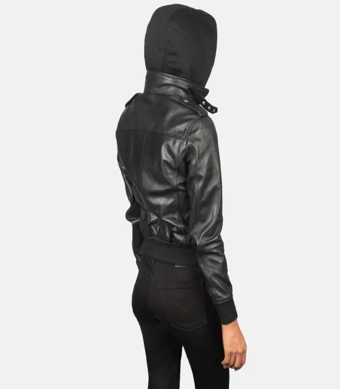 women 27s roslyn black hooded leather bomber jacket close