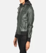 women 27s roslyn green hooded leather bomber jacket close
