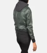 women 27s roslyn green hooded leather bomber jacket close