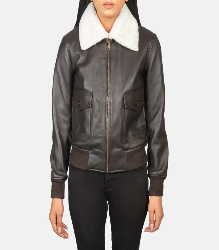 women 27s stella g 1 brown leather bomber jacket close