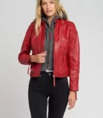 women Red hooded leather jacket