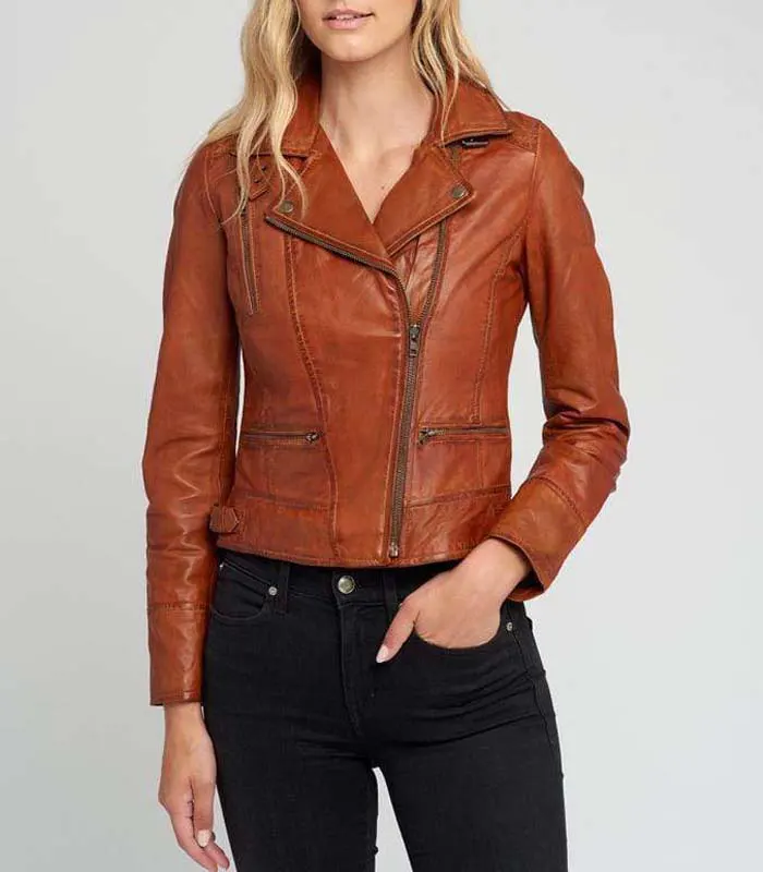 women brown leather jacket