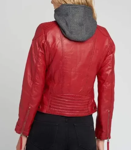 women leather jacket with removable hood red