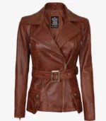 womens asymmetrical cognac four pocket belted moto jacket