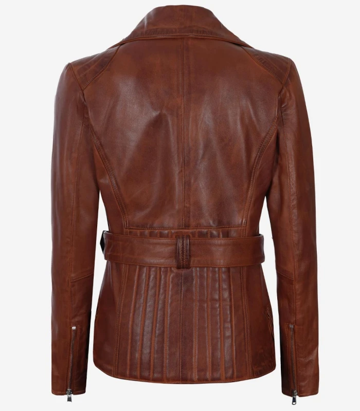 womens asymmetrical cognac four pocket belted moto jacket