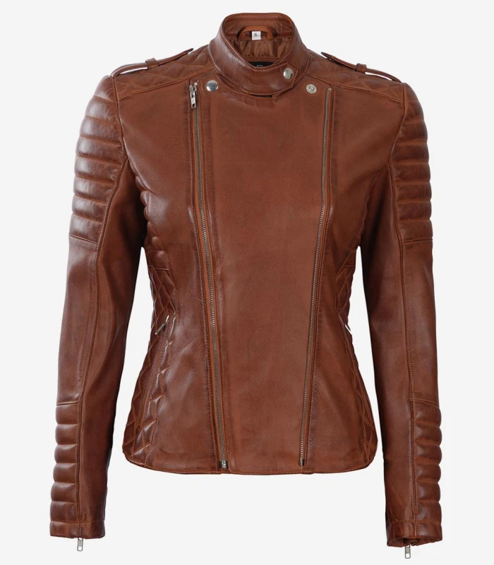 womens asymmetrical cognac padded leather moto jacket