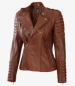womens asymmetrical cognac padded leather moto jacket