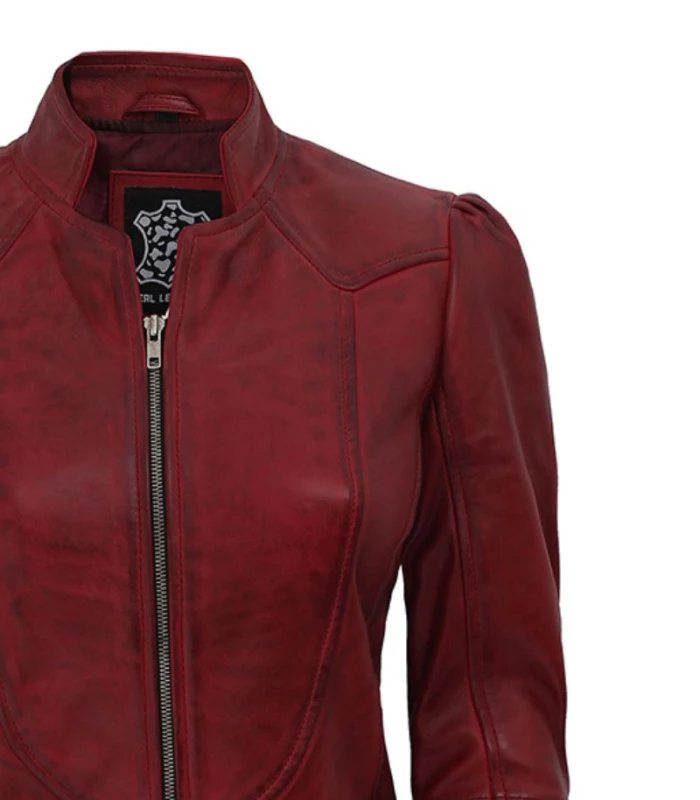womens biker maroon leather jacket