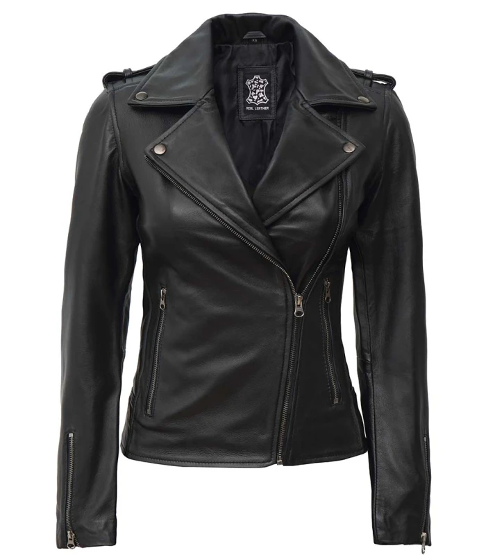 womens black asymmetrical leather motorcycle jacket