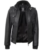 womens black leather bomber jacket with removable hooded
