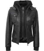 womens black leather bomber jacket with removable hooded