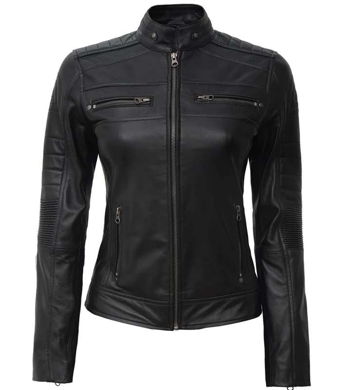 womens black real leather cafe racer jacket