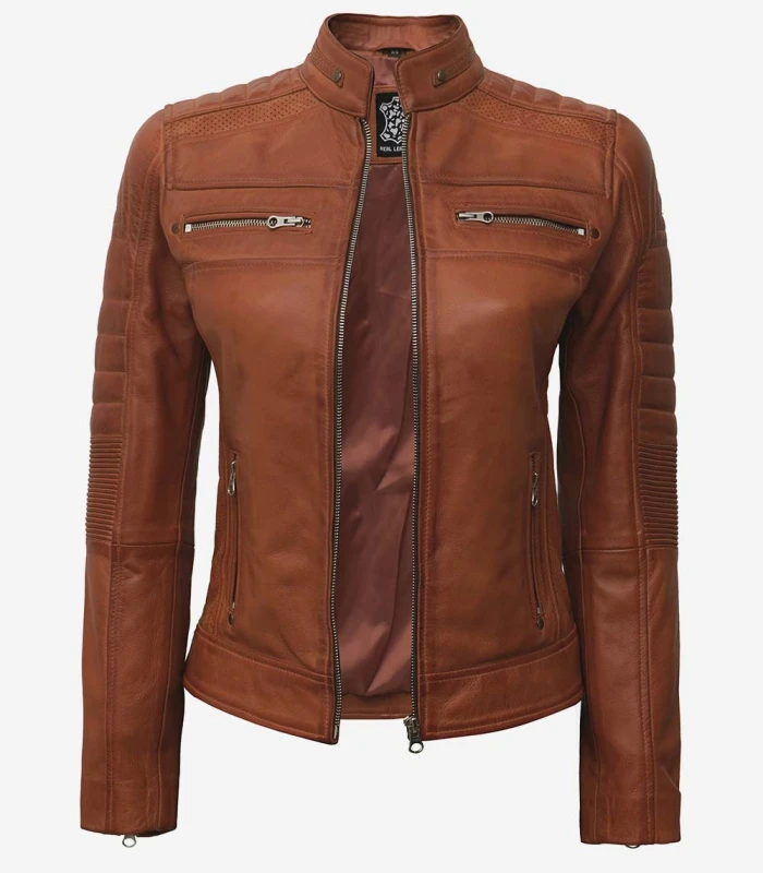 womens brown quilted cafe racer leather jacket