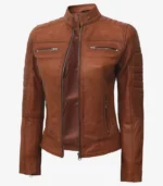 womens brown quilted cafe racer leather jacket