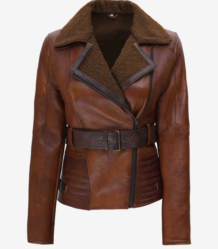 womens brown shearling collar leather jacket