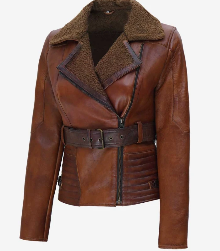 womens brown shearling collar leather jacket