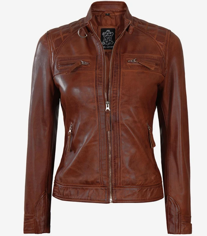 womens cognac leather motorcycle jacket with quilted shoulder detailing
