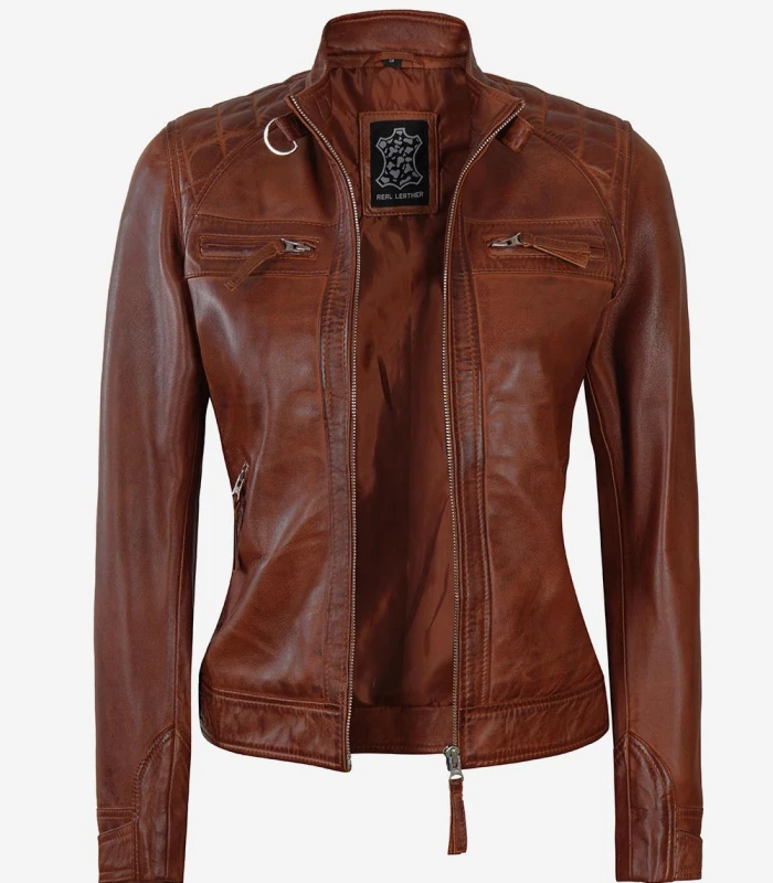 womens cognac leather motorcycle jacket with quilted shoulder detailing