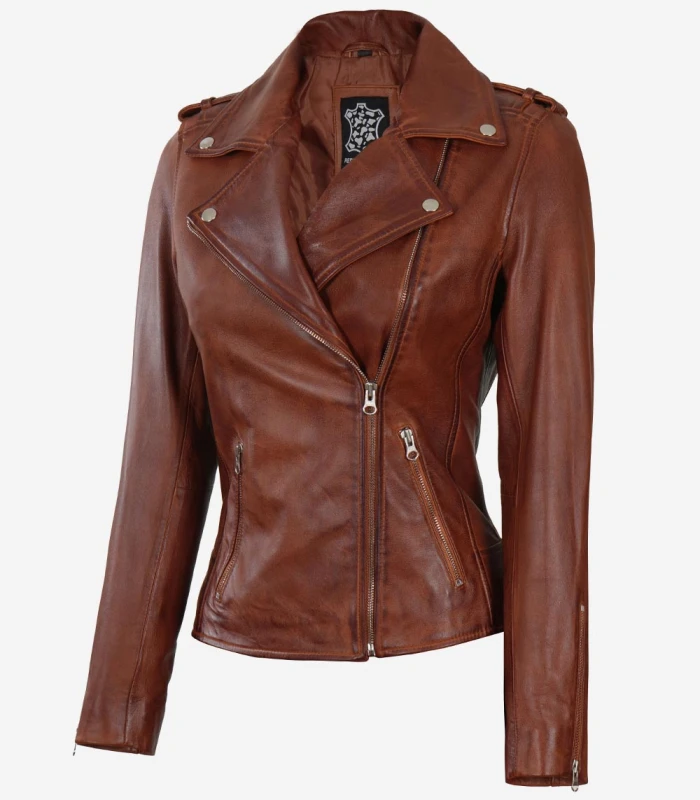 womens distressed asymmetrical cognac moto leather jacket