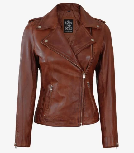 womens distressed asymmetrical cognac moto leather jacket