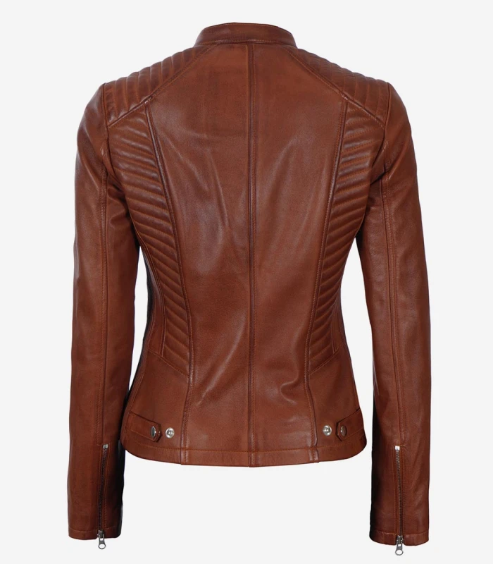 womens distressed cognac leather jacket with ribbed detailing