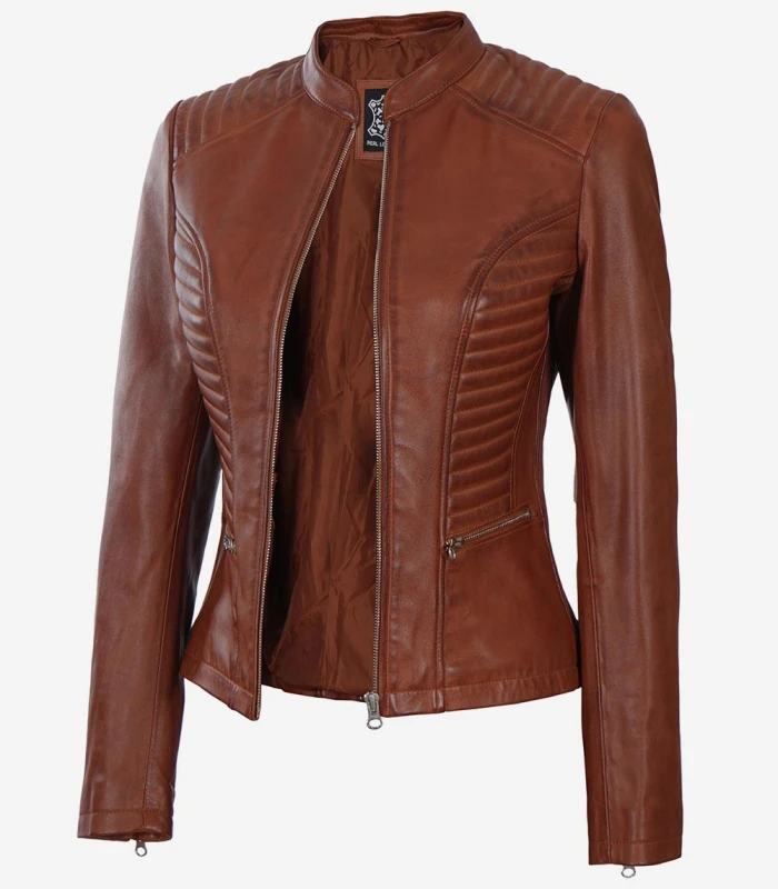 womens distressed cognac leather jacket with ribbed detailing