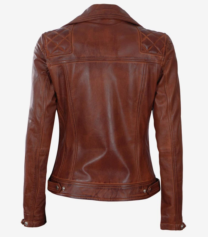 womens distressed quilted cognac leather motorcycle jacket
