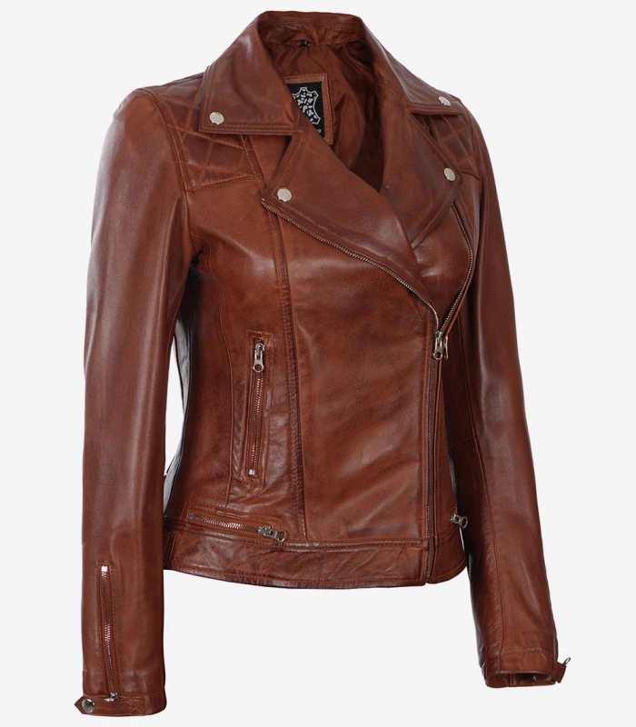 womens distressed quilted cognac leather motorcycle jacket
