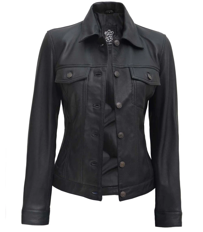 womens four pocket black trucker leather jacket
