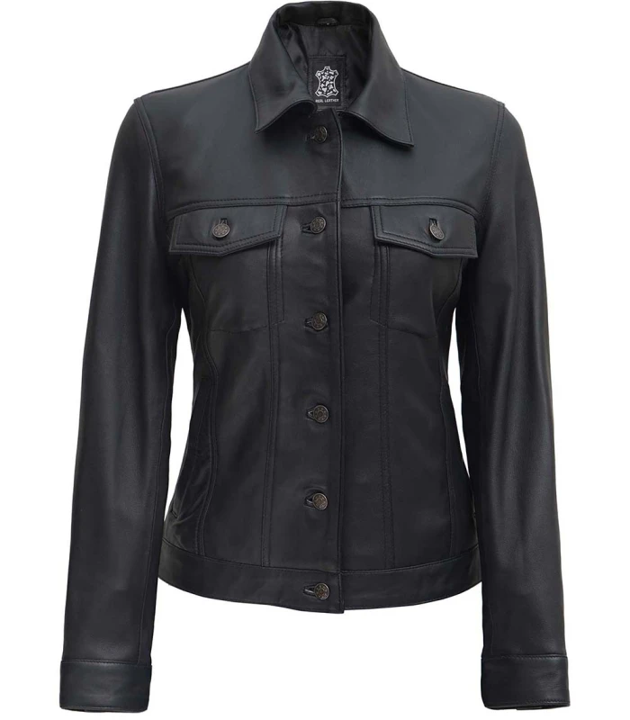 womens four pocket black trucker leather jacket