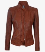 womens hand waxed vintage cognac leather biker jacket